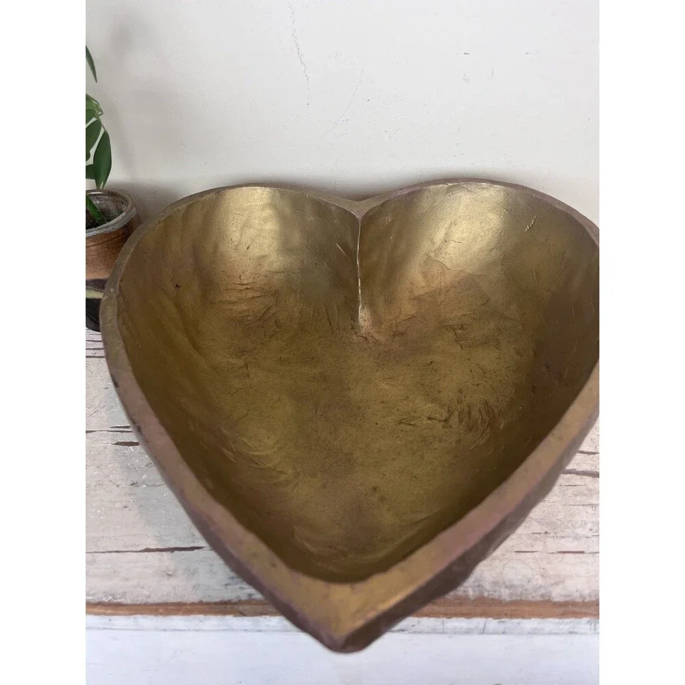Charming Vintage Hand Carved Wooden Heart Bowl Gold Painted 13”x12”